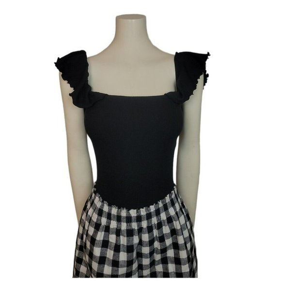 Aritzia Wilfred Black Maeva Bodysuit Ruffled Top Blouse Fine Ribbed Thong Cut M - Picture 7 of 8